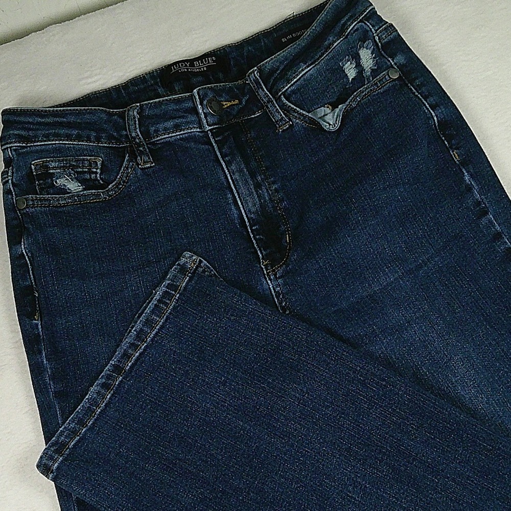 Judy Blue Slim Bootcut Jeans Dark Wash Distressed Side Slit Hem Size 9/29